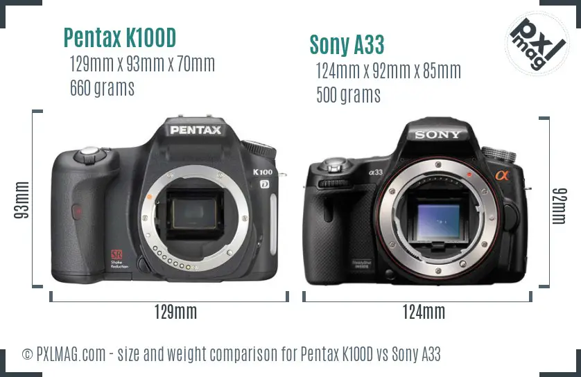 Pentax K100D vs Sony A33 size comparison