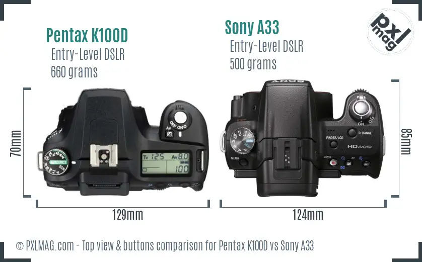 Pentax K100D vs Sony A33 top view buttons comparison