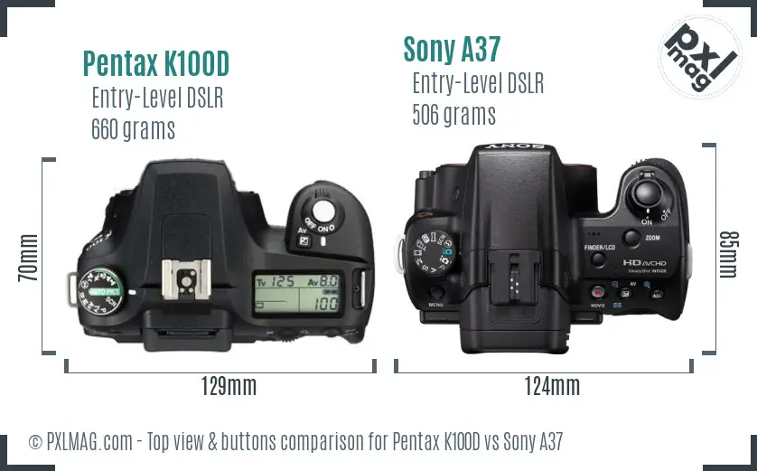 Pentax K100D vs Sony A37 top view buttons comparison