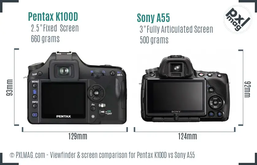 Pentax K100D vs Sony A55 Screen and Viewfinder comparison