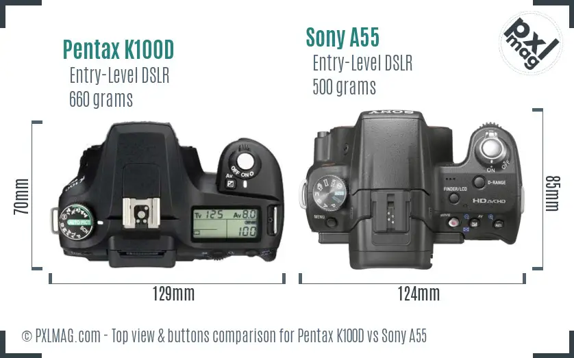 Pentax K100D vs Sony A55 top view buttons comparison