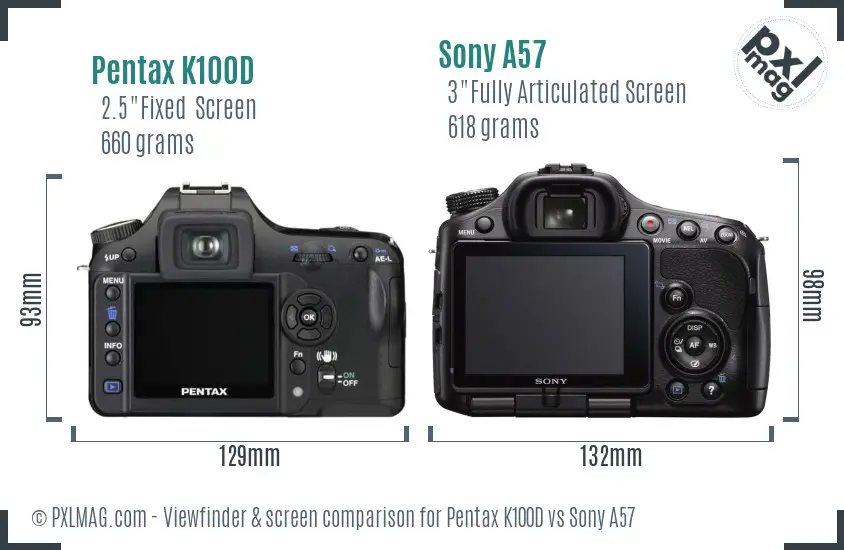 Pentax K100D vs Sony A57 Screen and Viewfinder comparison