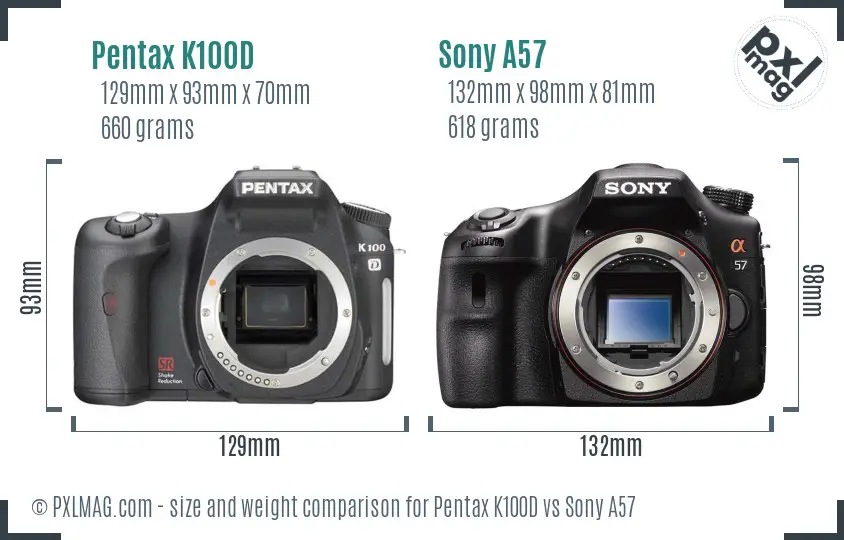 Pentax K100D vs Sony A57 size comparison