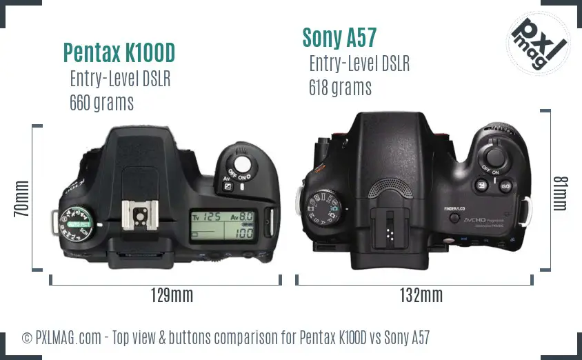 Pentax K100D vs Sony A57 top view buttons comparison