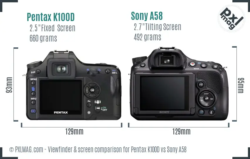 Pentax K100D vs Sony A58 Screen and Viewfinder comparison