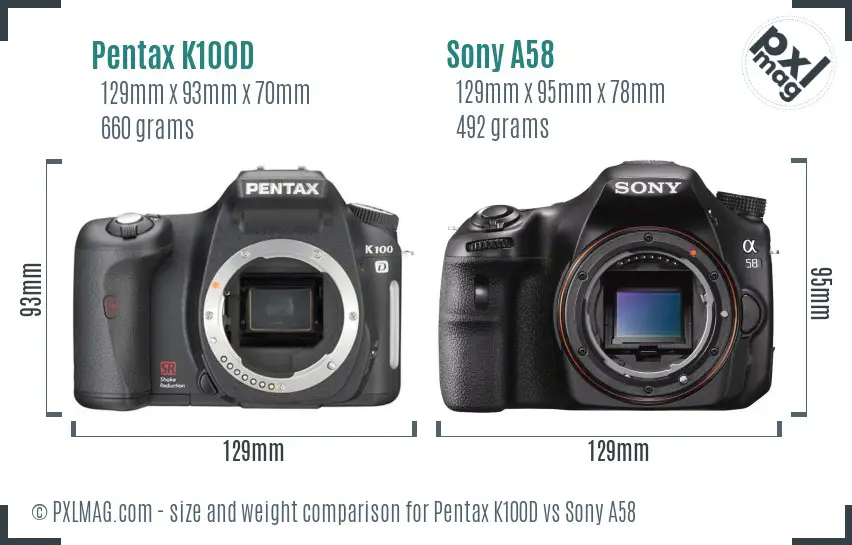 Pentax K100D vs Sony A58 size comparison