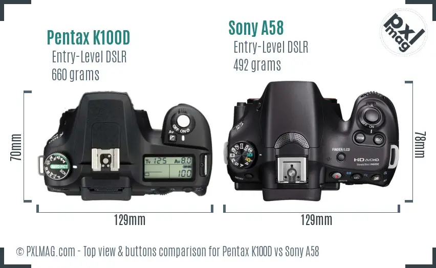 Pentax K100D vs Sony A58 top view buttons comparison