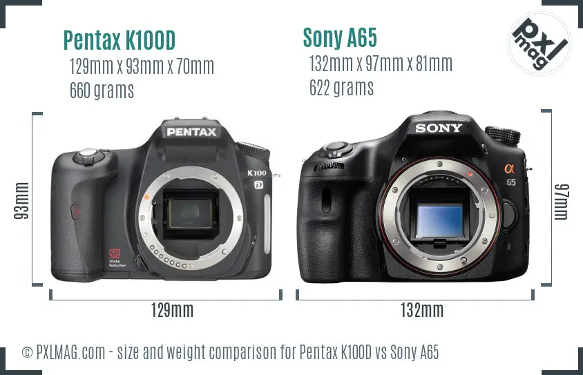 Pentax K100D vs Sony A65 size comparison