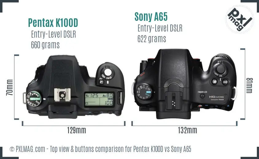 Pentax K100D vs Sony A65 top view buttons comparison