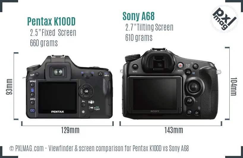 Pentax K100D vs Sony A68 Screen and Viewfinder comparison