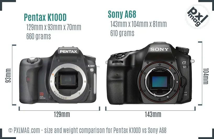 Pentax K100D vs Sony A68 size comparison