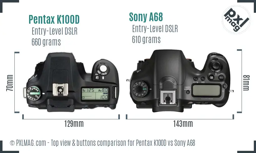 Pentax K100D vs Sony A68 top view buttons comparison