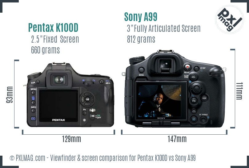Pentax K100D vs Sony A99 Screen and Viewfinder comparison