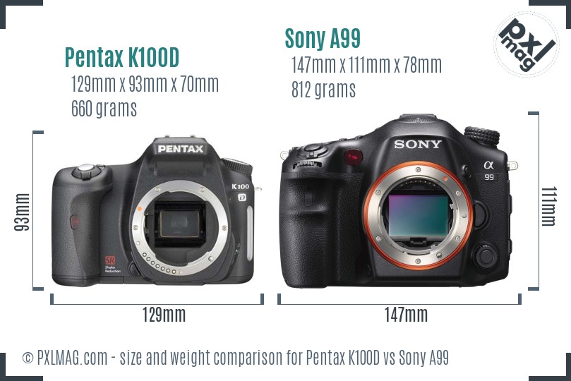 Pentax K100D vs Sony A99 size comparison