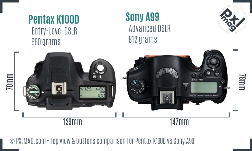 Pentax K100D vs Sony A99 top view buttons comparison