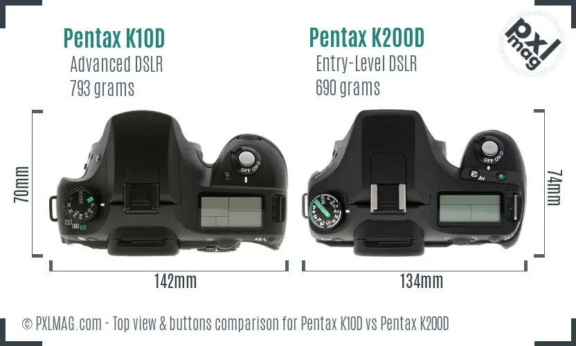Pentax K10D vs Pentax K200D top view buttons comparison