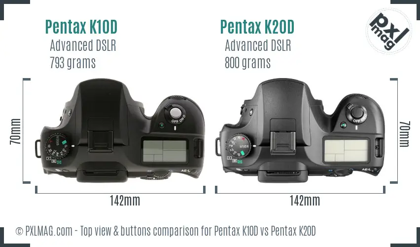 Pentax K10D vs Pentax K20D top view buttons comparison