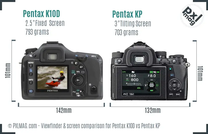 Pentax K10D vs Pentax KP Screen and Viewfinder comparison