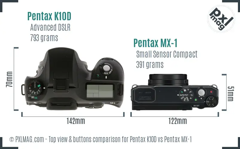 Pentax K10D vs Pentax MX-1 top view buttons comparison