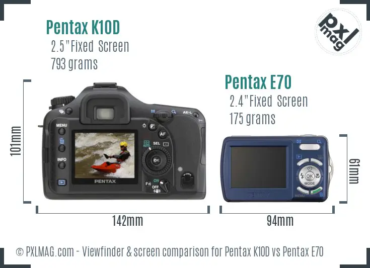 Pentax K10D vs Pentax E70 Screen and Viewfinder comparison