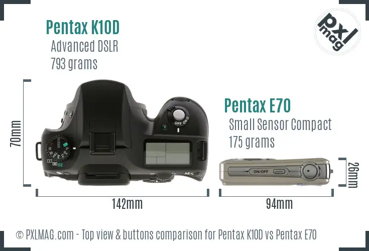 Pentax K10D vs Pentax E70 top view buttons comparison