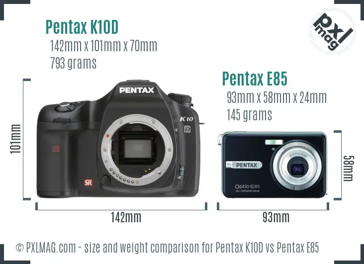 Pentax K10D vs Pentax E85 size comparison