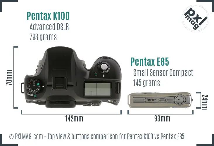Pentax K10D vs Pentax E85 top view buttons comparison