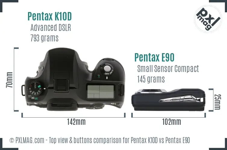 Pentax K10D vs Pentax E90 top view buttons comparison