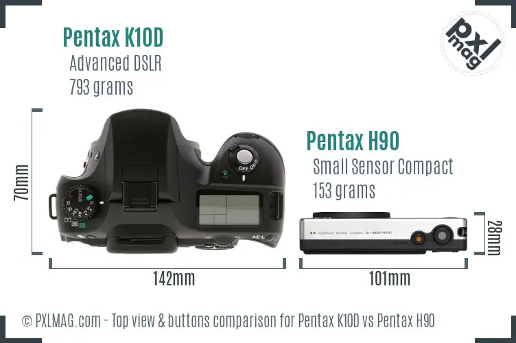 Pentax K10D vs Pentax H90 top view buttons comparison