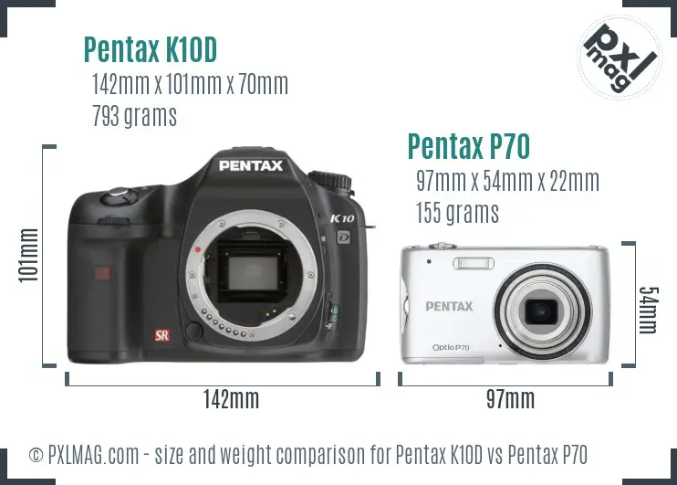 Pentax K10D vs Pentax P70 size comparison