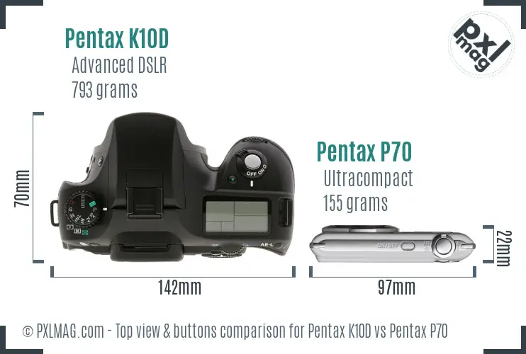 Pentax K10D vs Pentax P70 top view buttons comparison