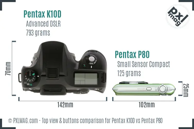 Pentax K10D vs Pentax P80 top view buttons comparison