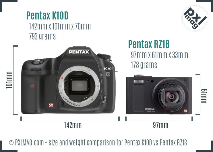 Pentax K10D vs Pentax RZ18 size comparison