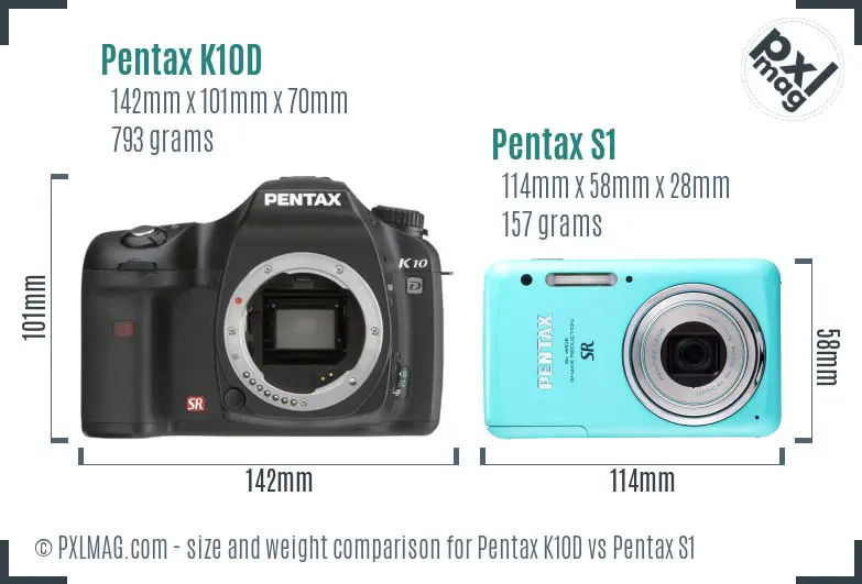 Pentax K10D vs Pentax S1 size comparison
