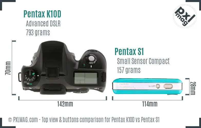 Pentax K10D vs Pentax S1 top view buttons comparison