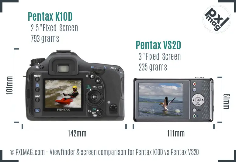 Pentax K10D vs Pentax VS20 Screen and Viewfinder comparison