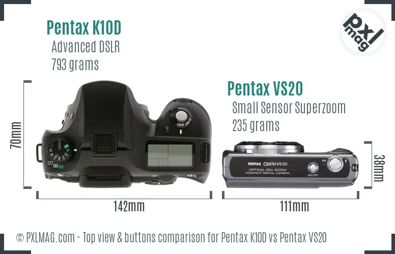 Pentax K10D vs Pentax VS20 top view buttons comparison