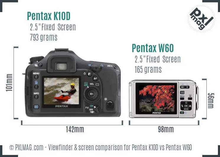 Pentax K10D vs Pentax W60 Screen and Viewfinder comparison