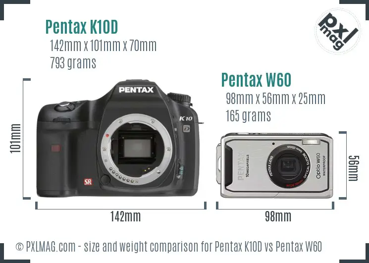 Pentax K10D vs Pentax W60 size comparison