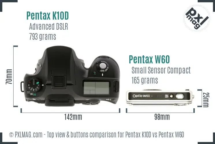 Pentax K10D vs Pentax W60 top view buttons comparison