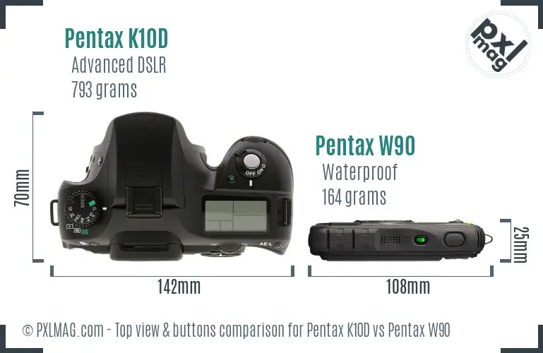 Pentax K10D vs Pentax W90 top view buttons comparison