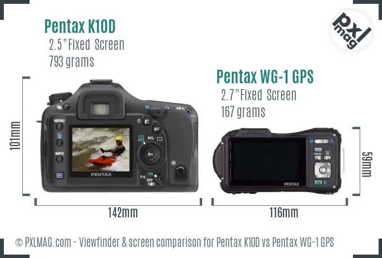 Pentax K10D vs Pentax WG-1 GPS Screen and Viewfinder comparison