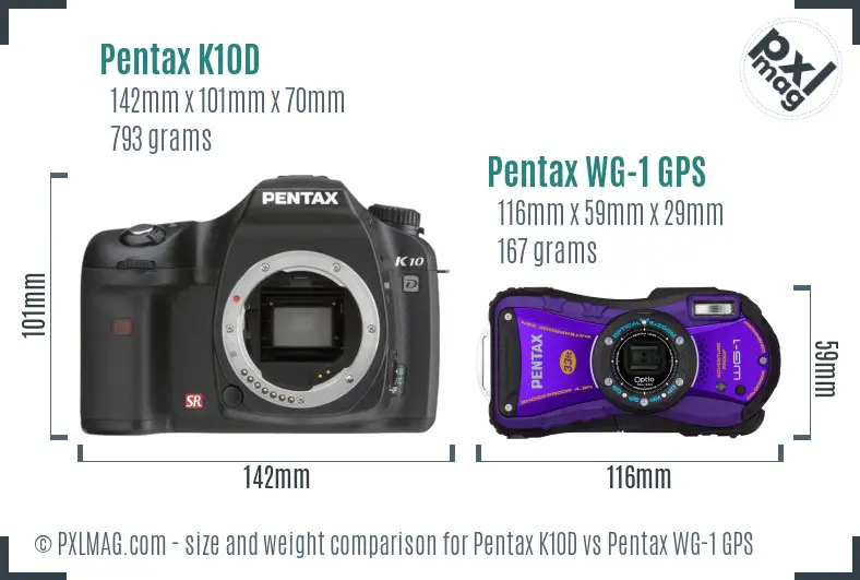 Pentax K10D vs Pentax WG-1 GPS size comparison