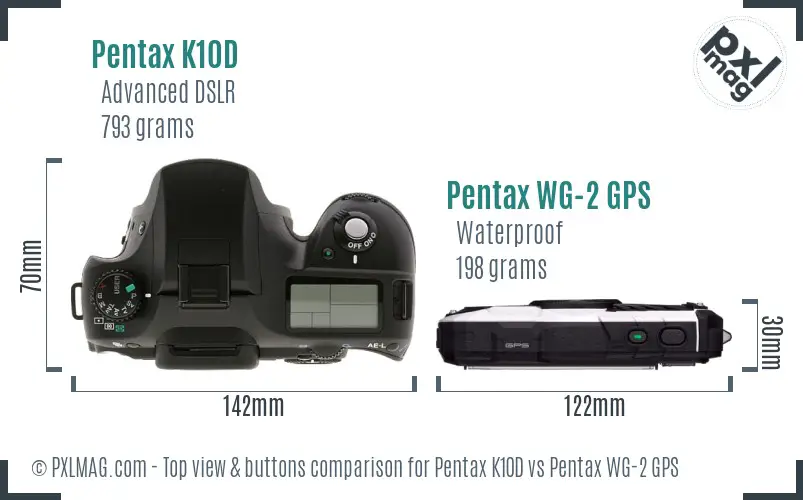 Pentax K10D vs Pentax WG-2 GPS top view buttons comparison