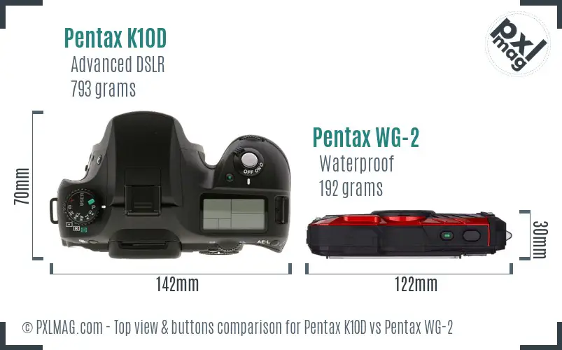 Pentax K10D vs Pentax WG-2 top view buttons comparison