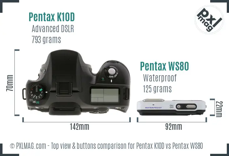 Pentax K10D vs Pentax WS80 top view buttons comparison