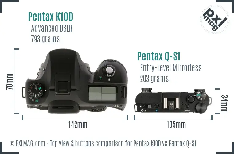 Pentax K10D vs Pentax Q-S1 top view buttons comparison