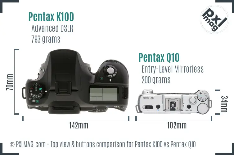 Pentax K10D vs Pentax Q10 top view buttons comparison