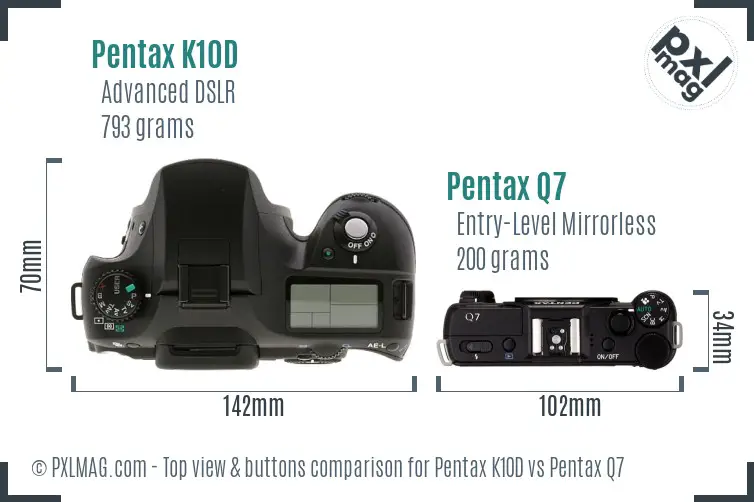 Pentax K10D vs Pentax Q7 top view buttons comparison