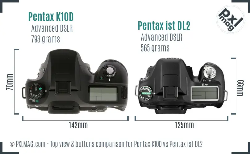 Pentax K10D vs Pentax ist DL2 top view buttons comparison